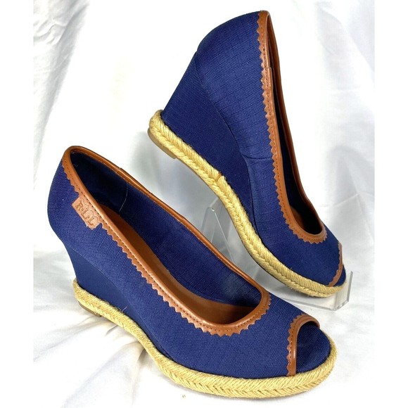 Lauren Ralph Lauren Women's Nella Wedge Heels Peep Toe Fabric Size 6B Blue - Picture 1 of 8